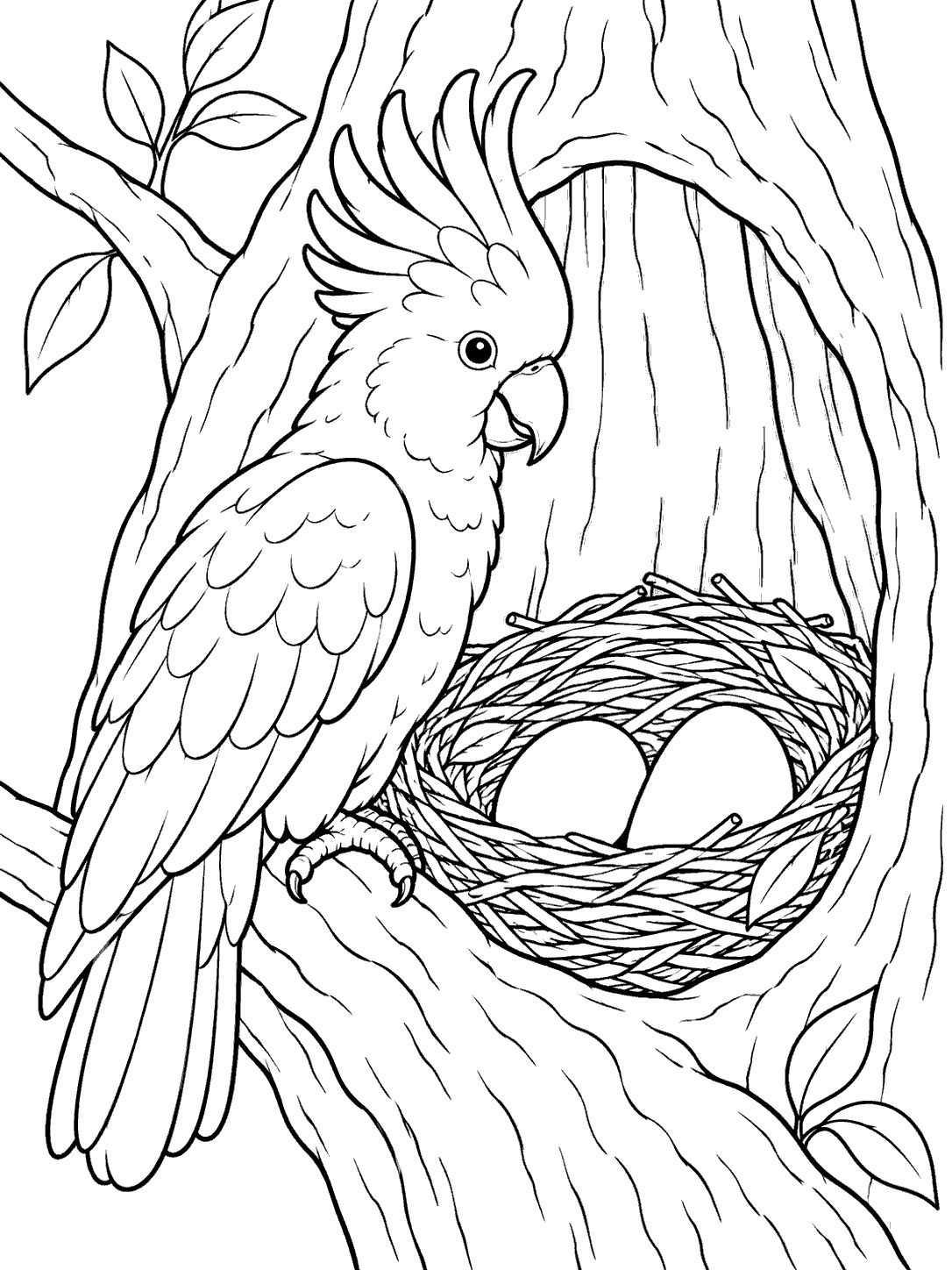 Cockatoo beside a nest in a tree hollow coloring page