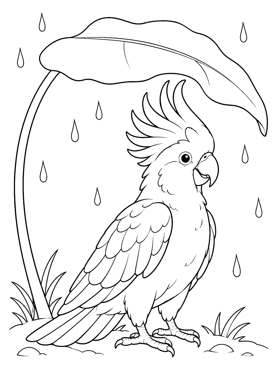 Cockatoo sheltering under a leaf in the rain coloring page