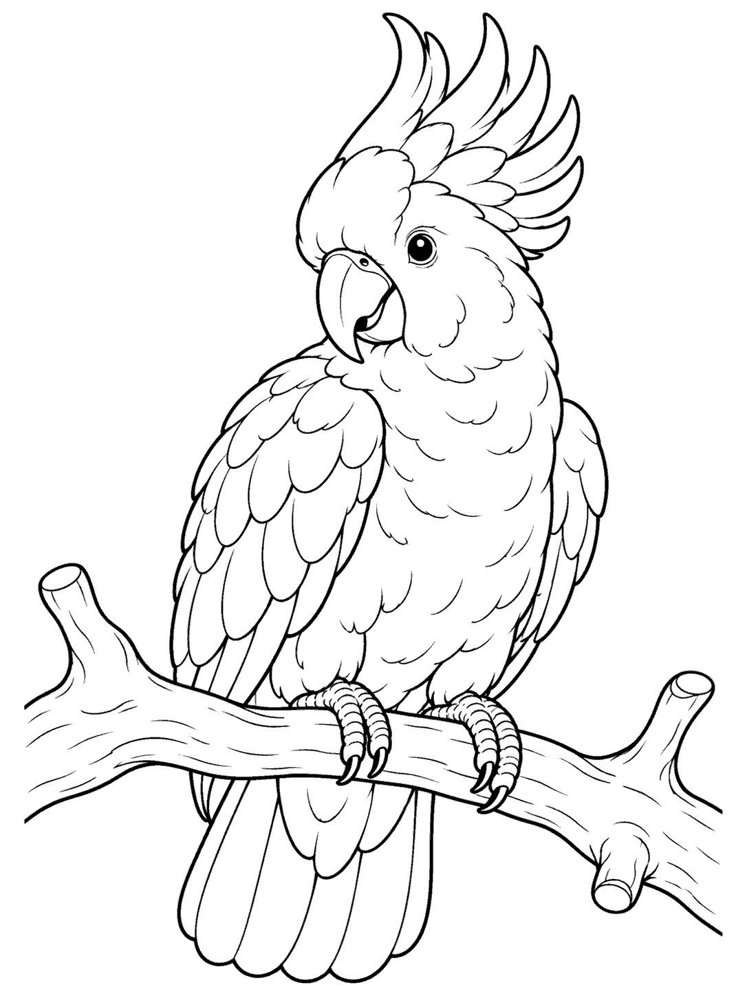 Black and white cockatoo coloring page showing the bird perched on a sturdy branch with rounded offshoots.