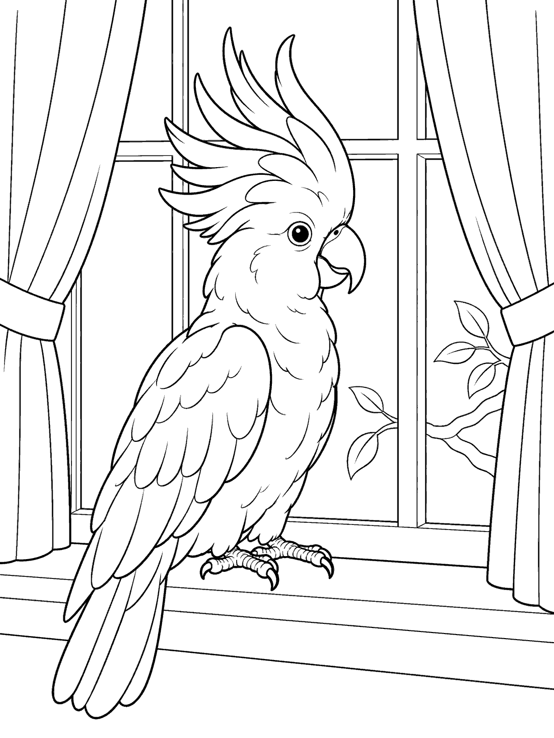 Cockatoo perched on a windowsill coloring page