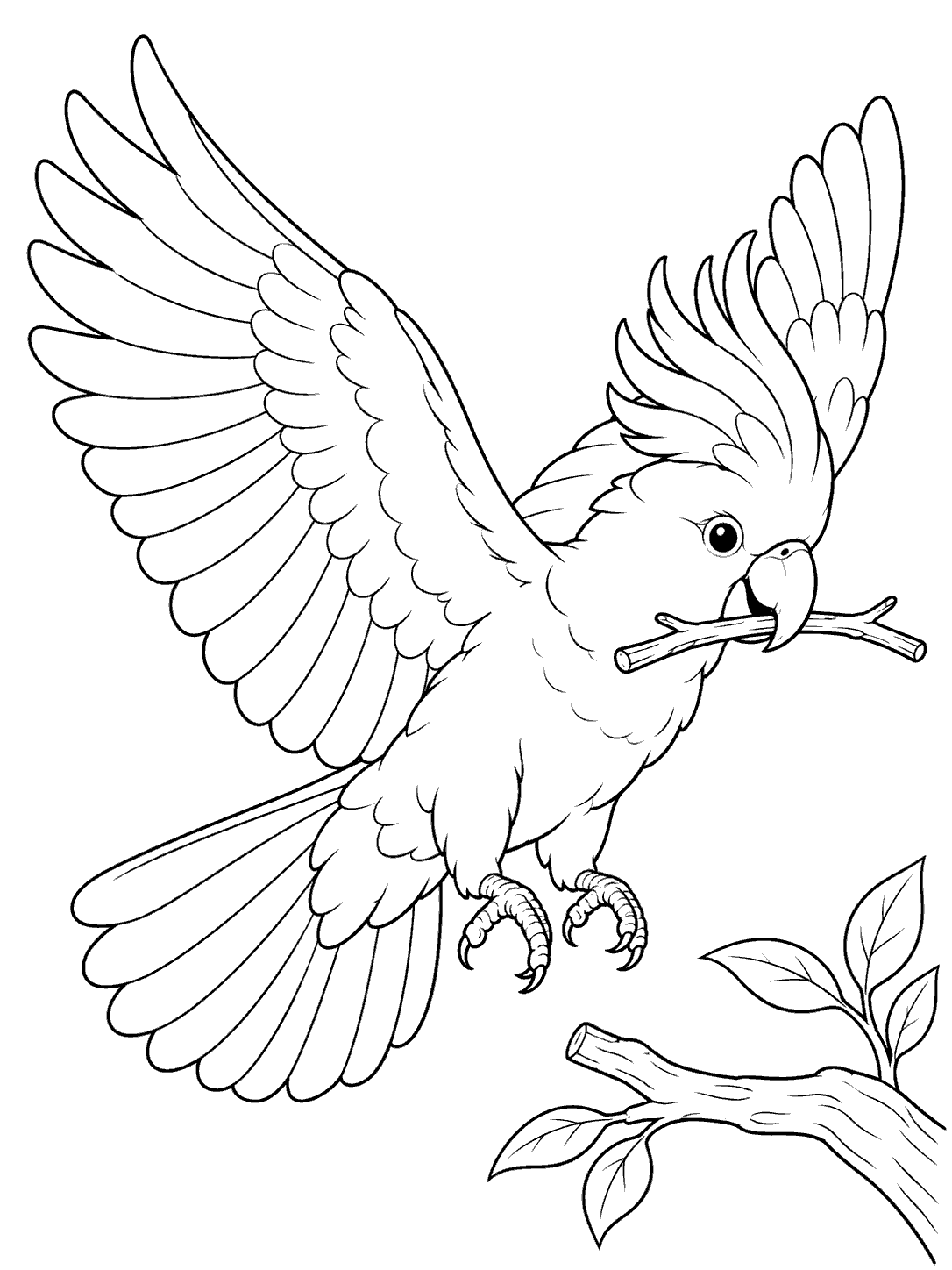 Cockatoo carrying a twig in its beak coloring page