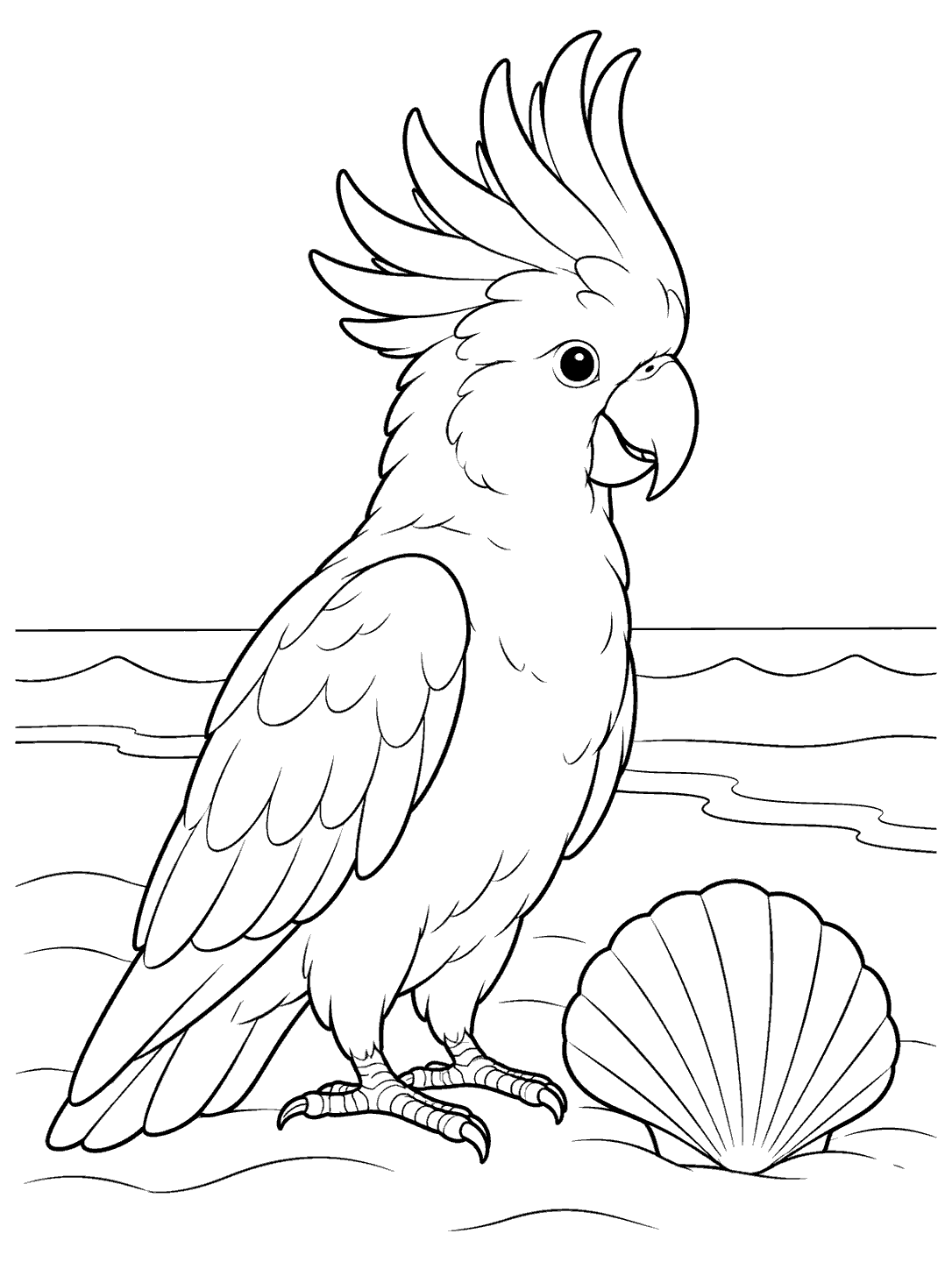 Black outline coloring page of a crested cockatoo beside a large scallop shell, with shoreline and distant waves