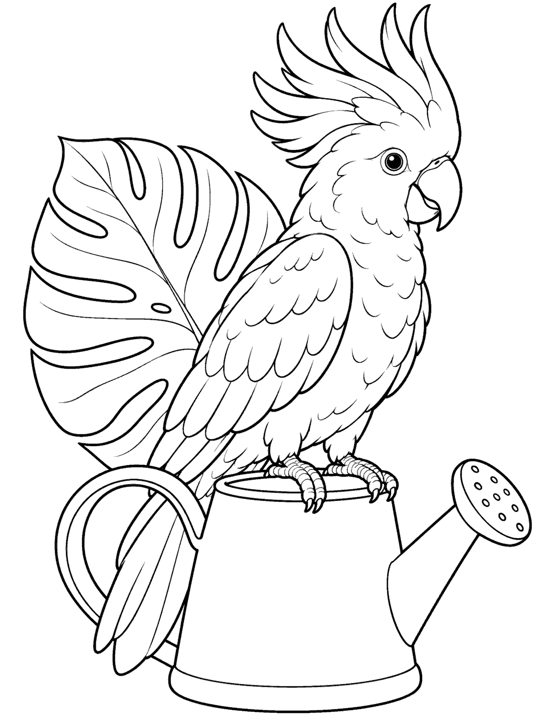 Black-and-white cockatoo with a tall crest perched on a watering can, with a large leaf behind it, in a coloring page.