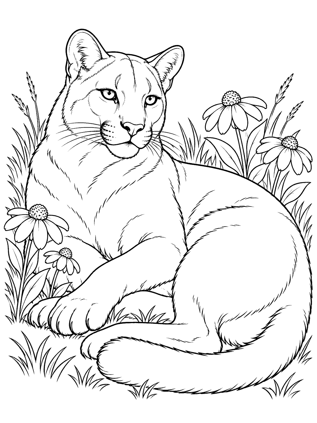 Resting cougar among simple flowers coloring page
