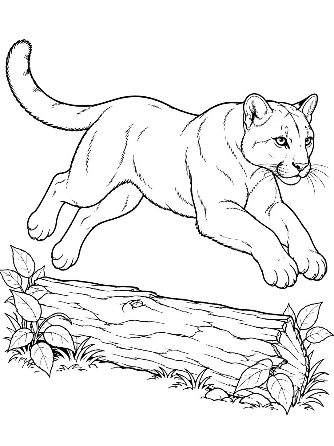Leaping cougar over a fallen log printable coloring page