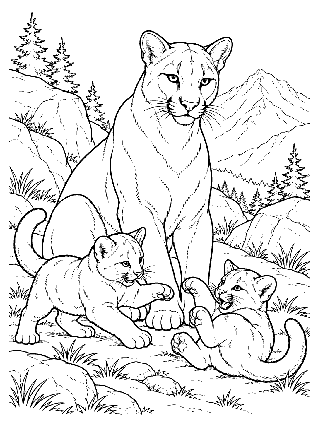 Black-and-white coloring page showing a seated mother cougar with two playful cubs among boulders, with mountains and pine trees in the distance.
