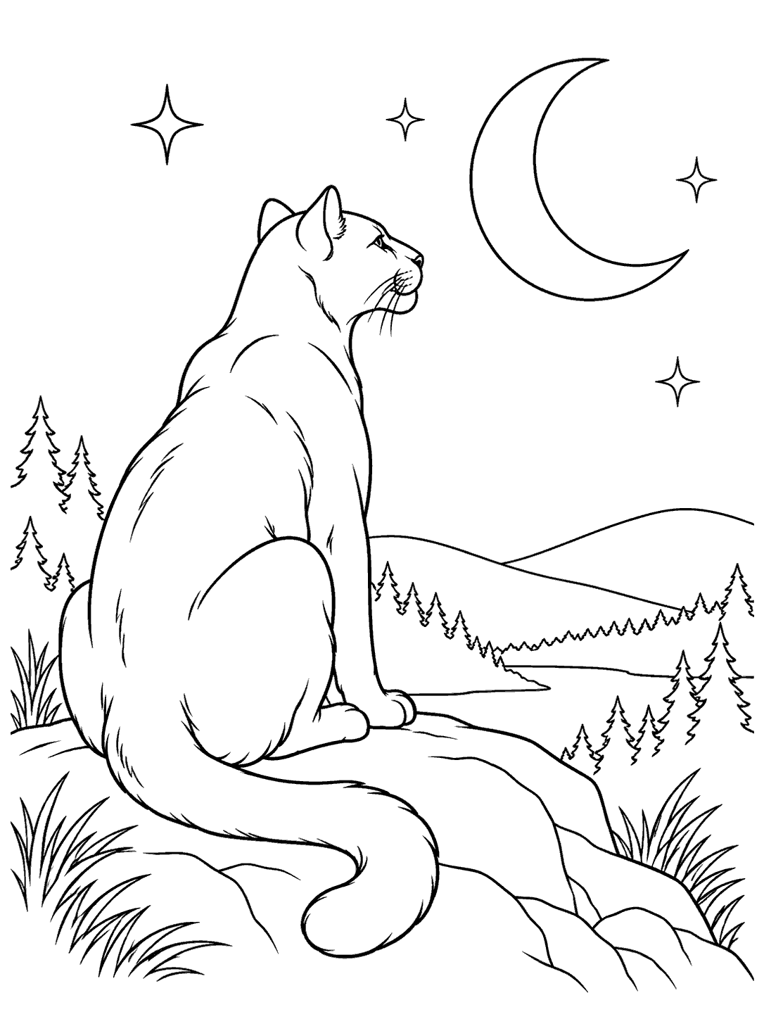 Seated cougar beneath a crescent moon coloring page