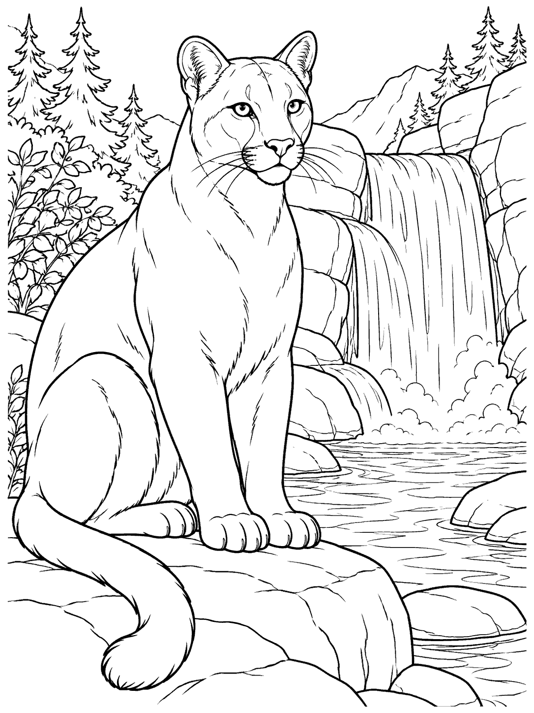 Black outline coloring page of a seated cougar beside a waterfall, pool, and rocks, with trees in the background.