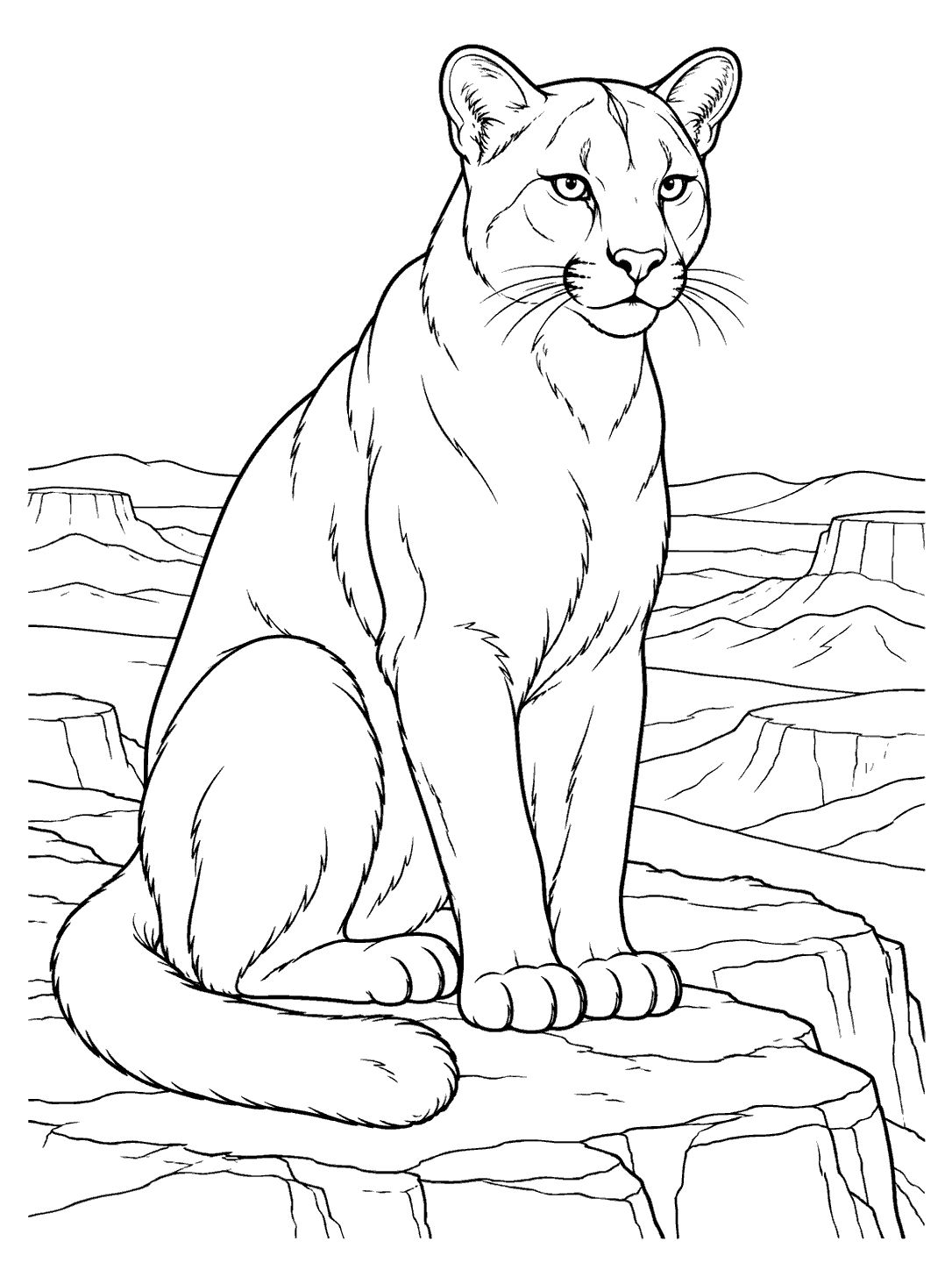 Black-and-white coloring page of a cougar sitting on a desert mesa with its tail curled near its paws.