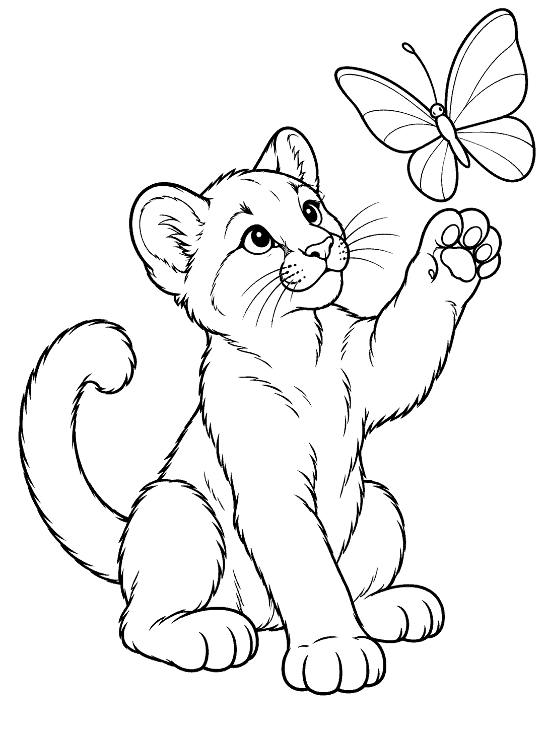 Black-and-white coloring page showing a seated cougar cub reaching for a butterfly, with a long curved tail.