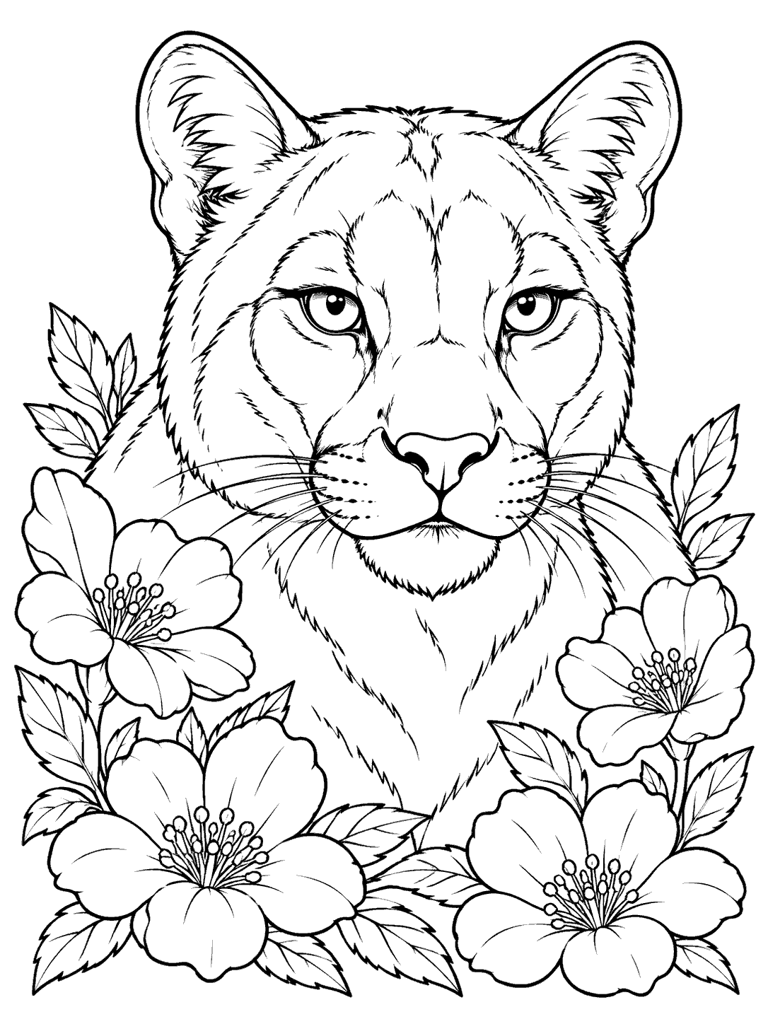 Black-and-white coloring page of a centered cougar head-and-shoulders portrait framed by four large flowers and leaves.