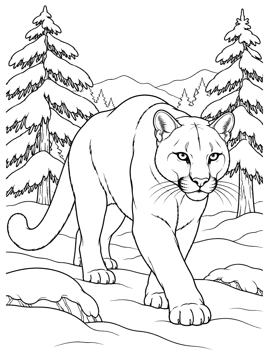 Adult cougar walking through a snowy forest with pine trees coloring page