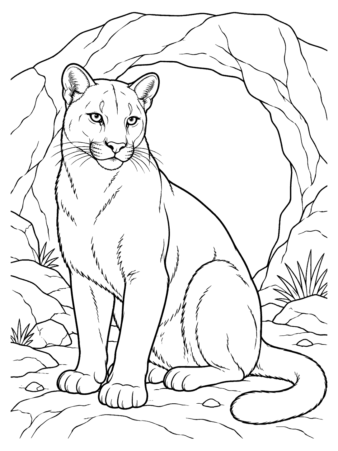 Adult cougar seated in front of a broad cave entrance, outlined as a coloring page