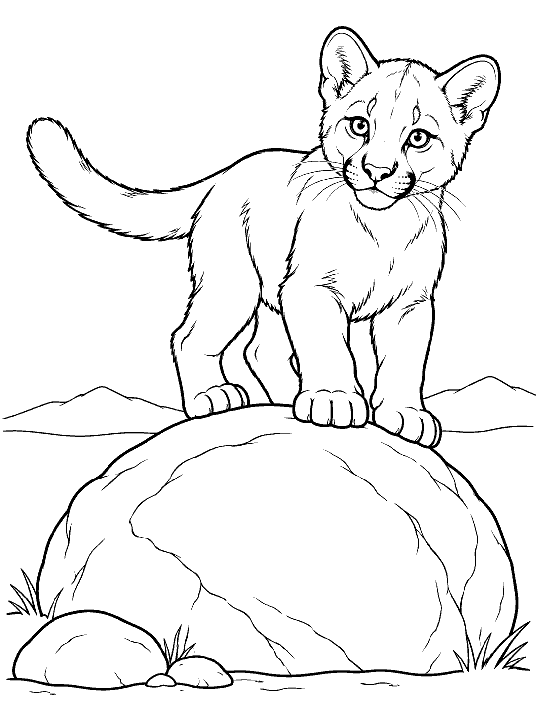 Line-art coloring page of a cougar cub standing on a large rounded boulder with its tail extended for balance and small stones below.