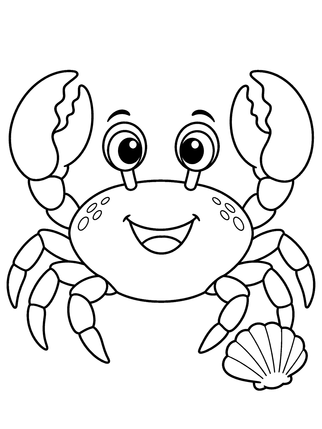 Friendly cartoon crab with raised claws, six visible legs, big eyes, and a curved smile beside a seashell, drawn in black outlines on white.