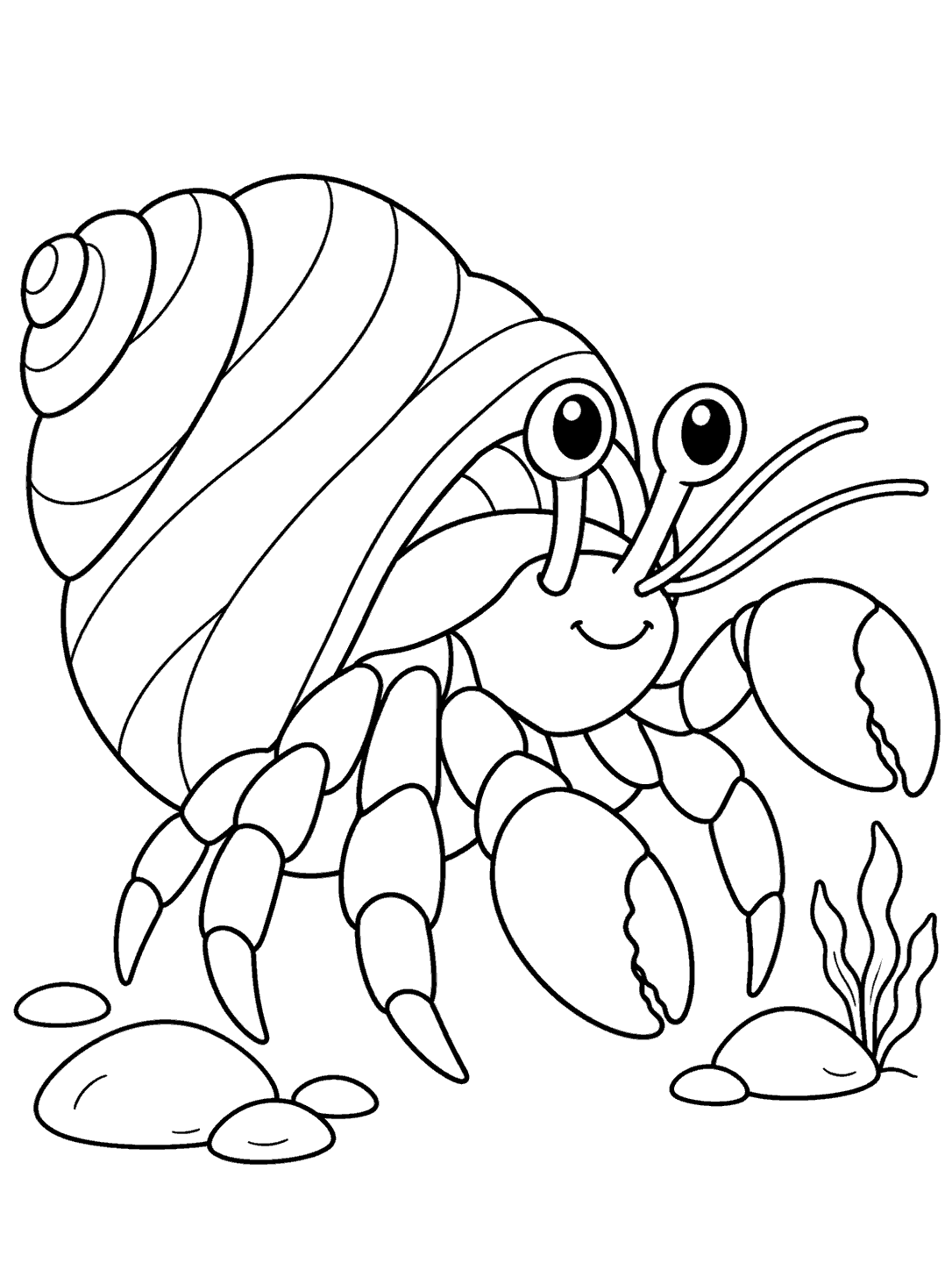 Black-outline coloring page of a smiling hermit crab emerging from a large spiral shell, with one claw raised, visible eyestalks, pebbles, and a small seaweed sprig.