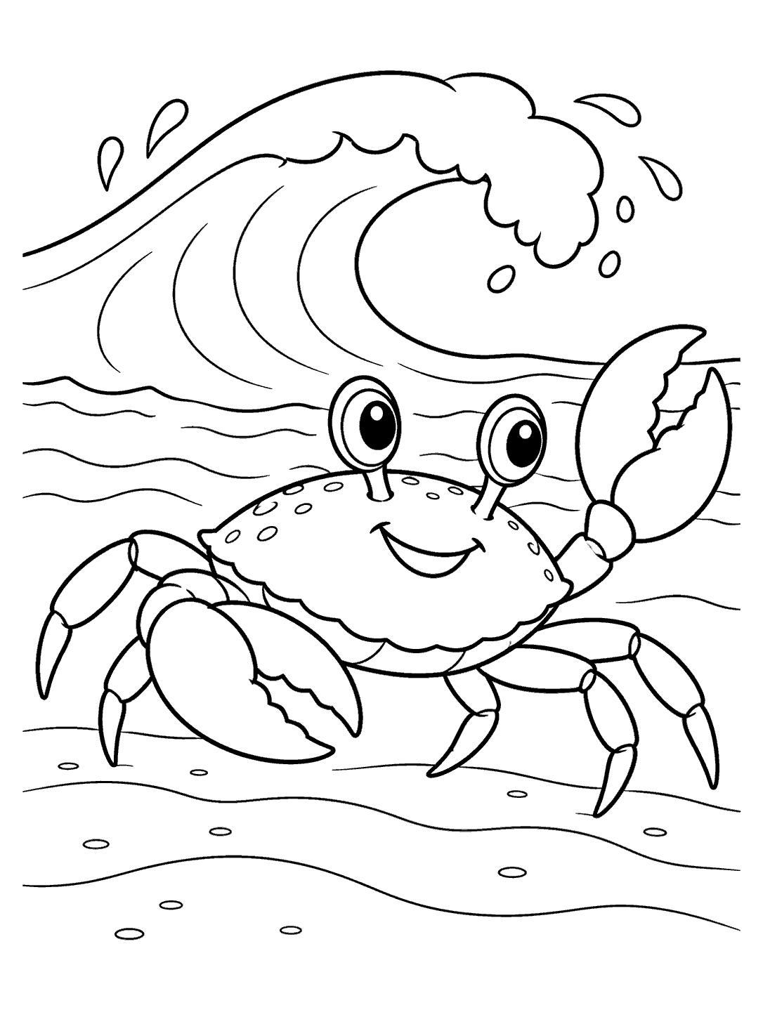 Smiling crab walking sideways on rippled sand with a large curling wave behind it, in a black and white coloring page.