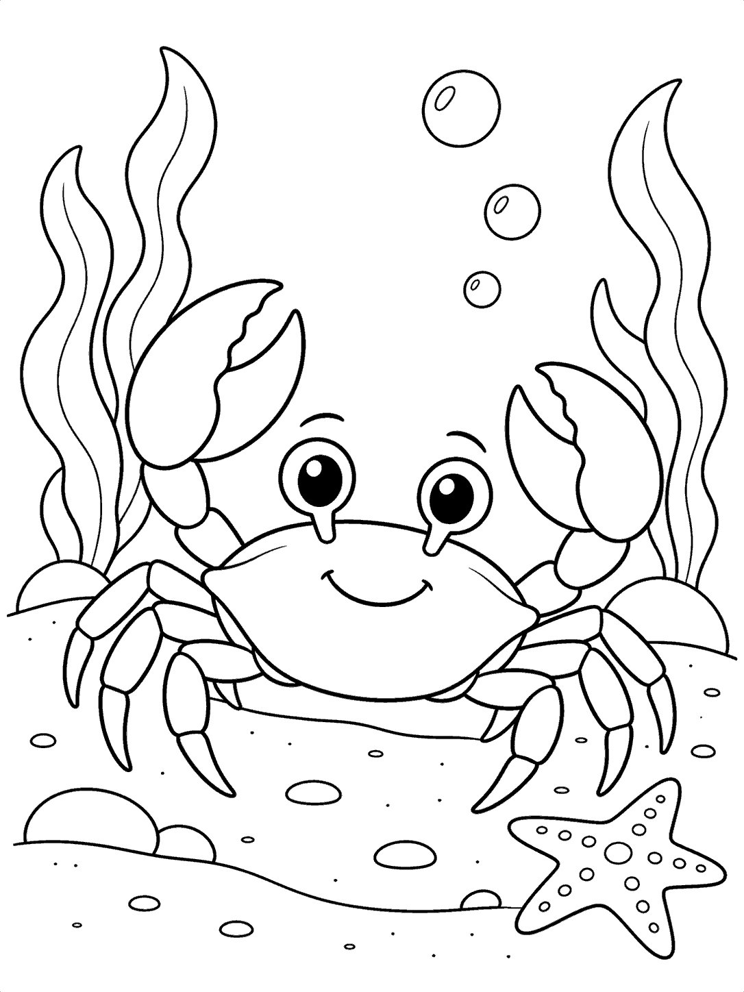 Smiling crab with large claws among seaweed, bubbles, and a starfish in a printable coloring page
