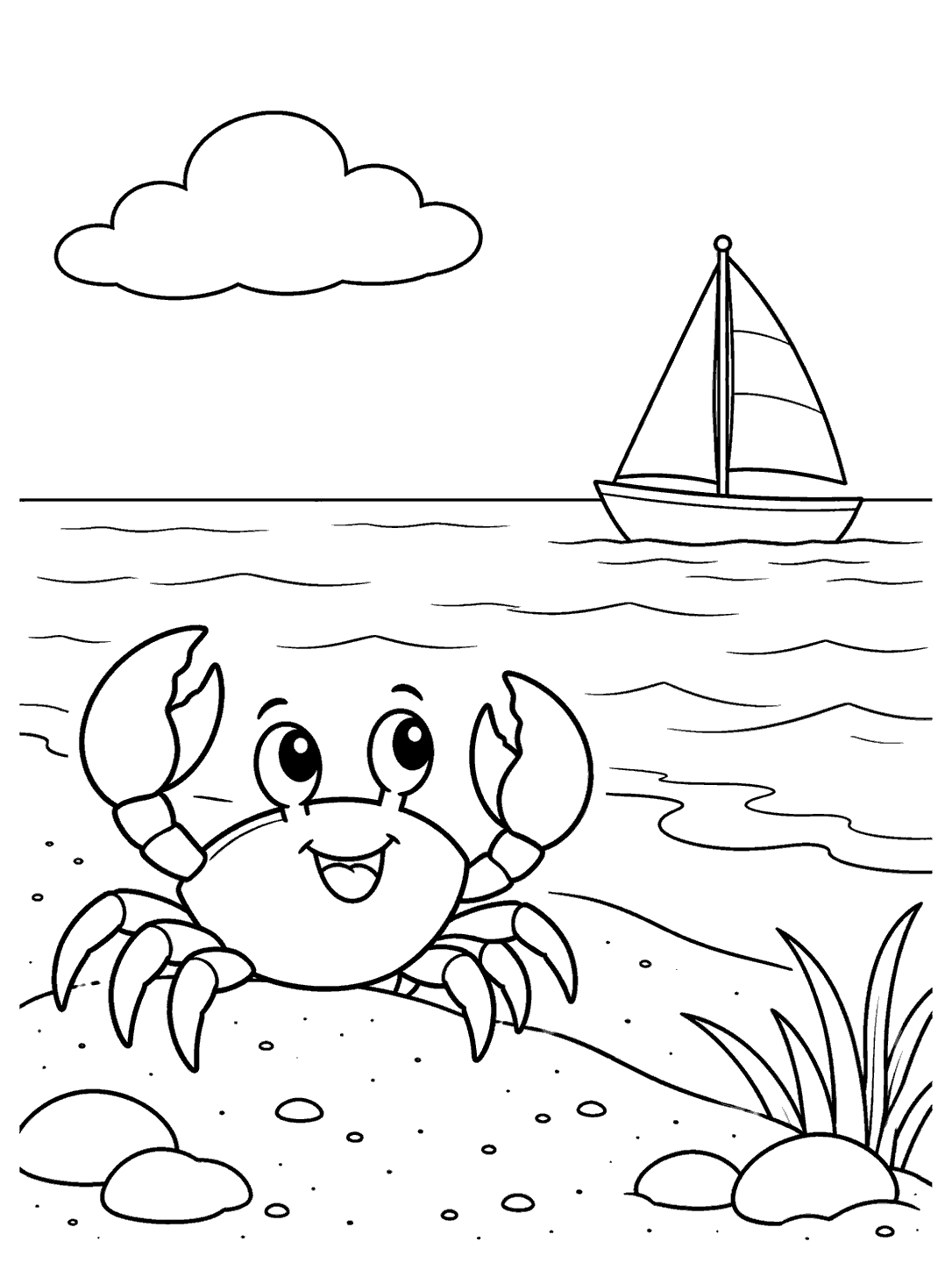 Smiling crab on a sandy rise with a sailboat, single cloud, and calm sea in a printable coloring page.