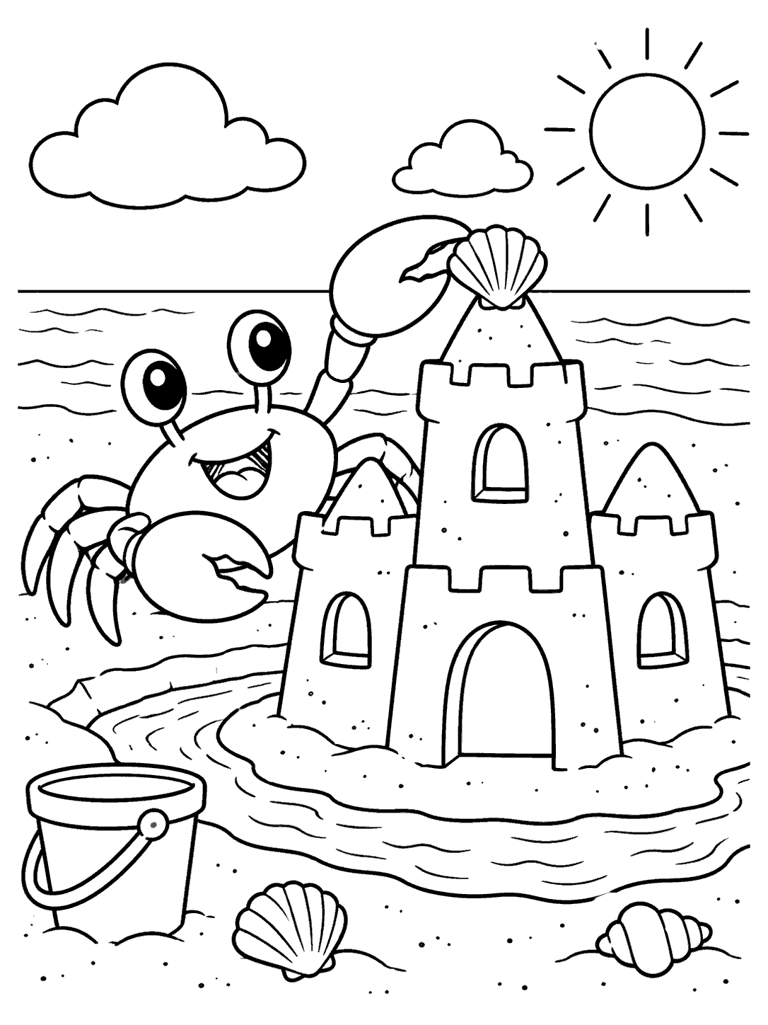 Playful crab adding a shell to a tall sandcastle, with a bucket, moat, beach, and shells around it.