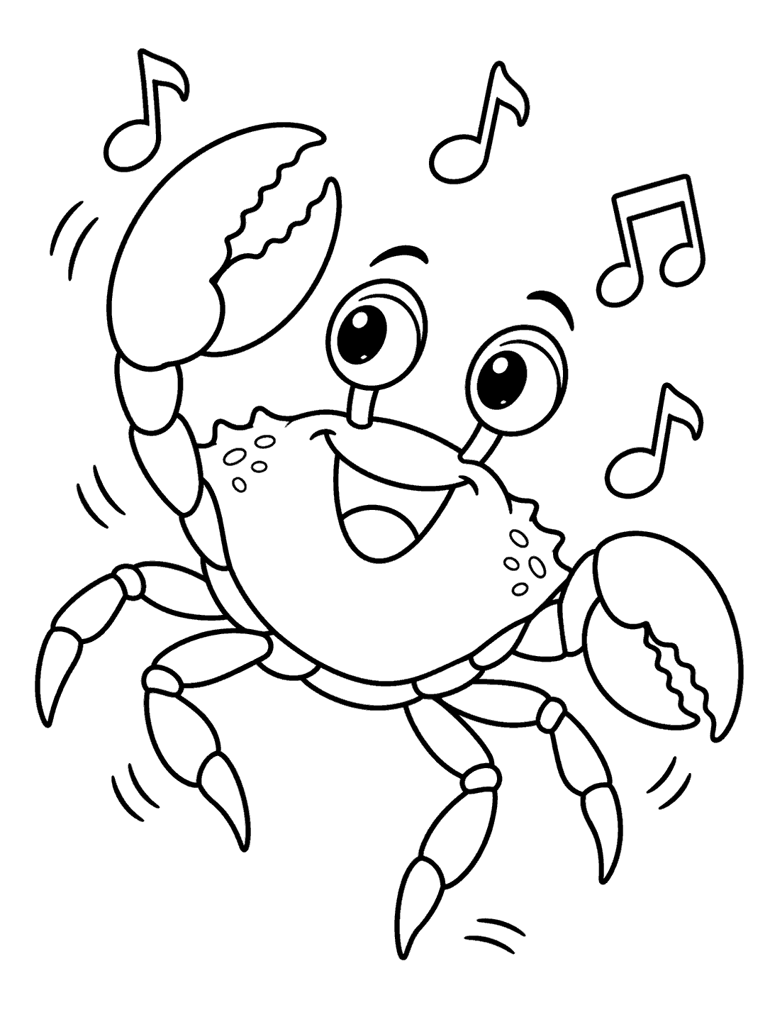 A cheerful dancing crab with one claw raised, musical notes, and motion marks on a black-line coloring page.