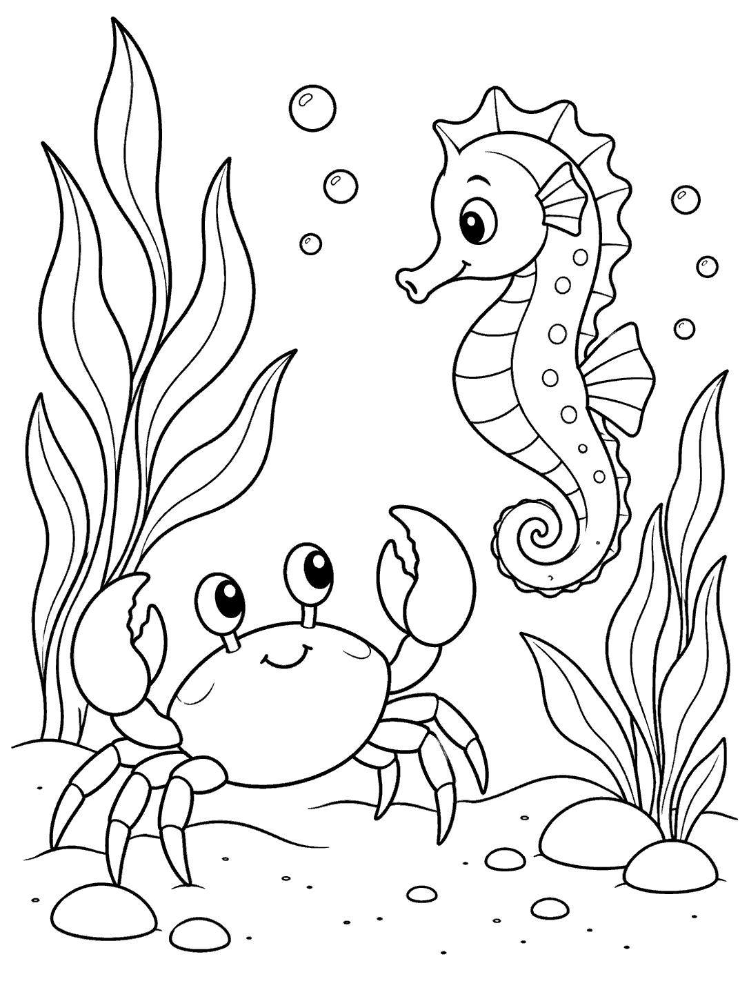 Black-and-white coloring page showing a friendly crab and seahorse facing each other among sea plants, bubbles, and stones.