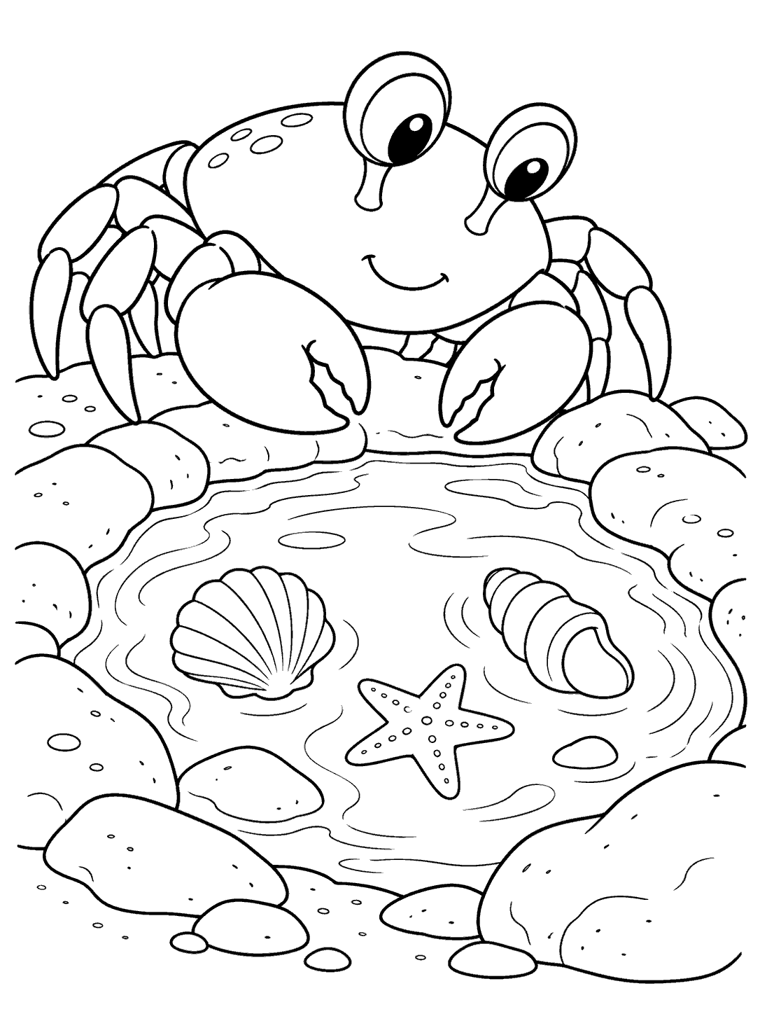 Black-line coloring page of a crab beside a rocky tide pool with two shells and a starfish.