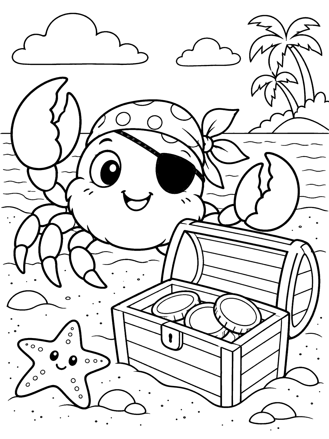 Cute pirate crab with a bandana and eye patch beside an open chest of coins, with a starfish nearby.