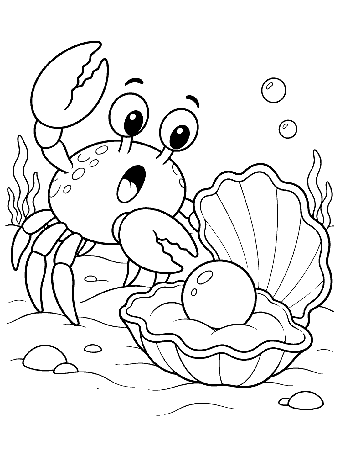Surprised crab pointing toward a pearl in an open oyster shell coloring page