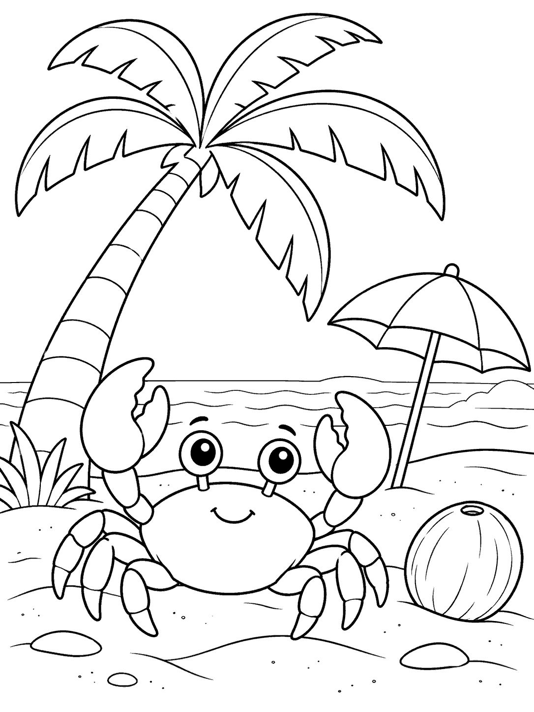 Smiling crab on a sandy beach beneath a palm tree, with a beach umbrella and coconut.