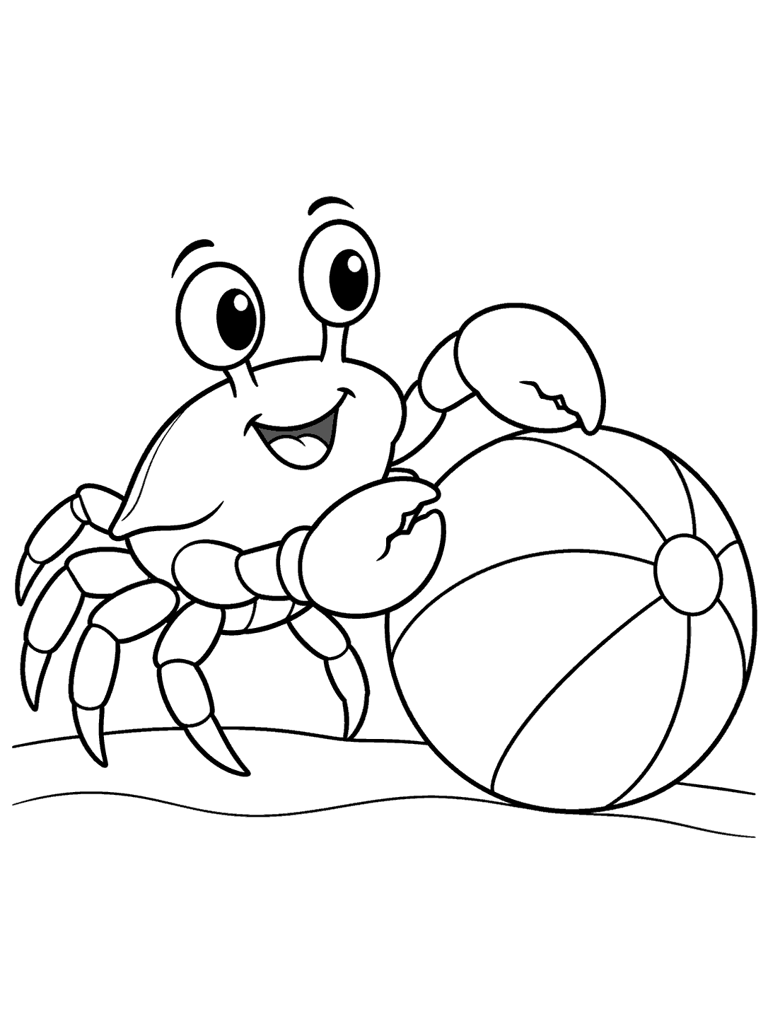 Black-line coloring page showing a smiling crab pushing a large paneled beach ball, with two sand lines below.