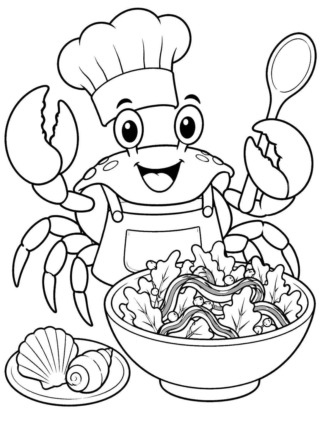 A smiling crab in a tall chef hat and apron holds a serving spoon beside a bowl of leafy seaweed salad, with two shells on a small plate.