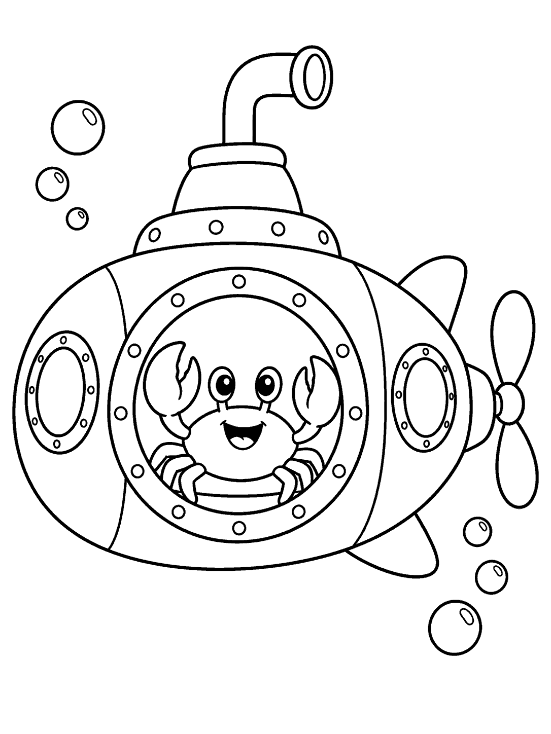 Smiling crab inside a rounded submarine with two portholes, a propeller, and bubbles