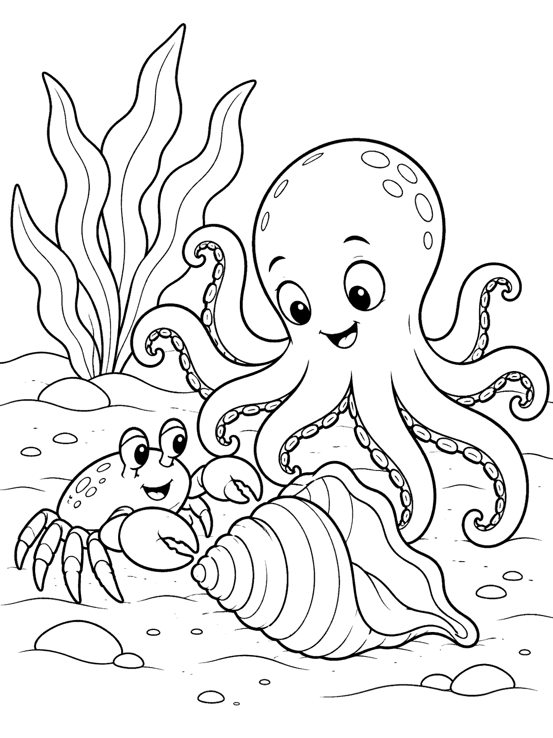 A small crab and smiling octopus examining a large seashell beside a broad sea plant in a black-line coloring page.