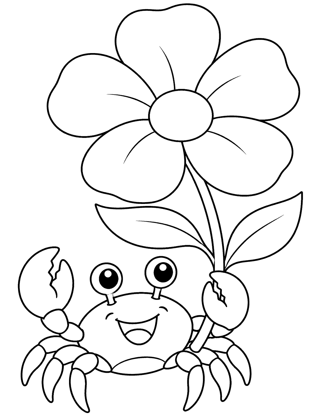 Smiling crab holding a tall flower with broad petals and two leaves on a coloring page.