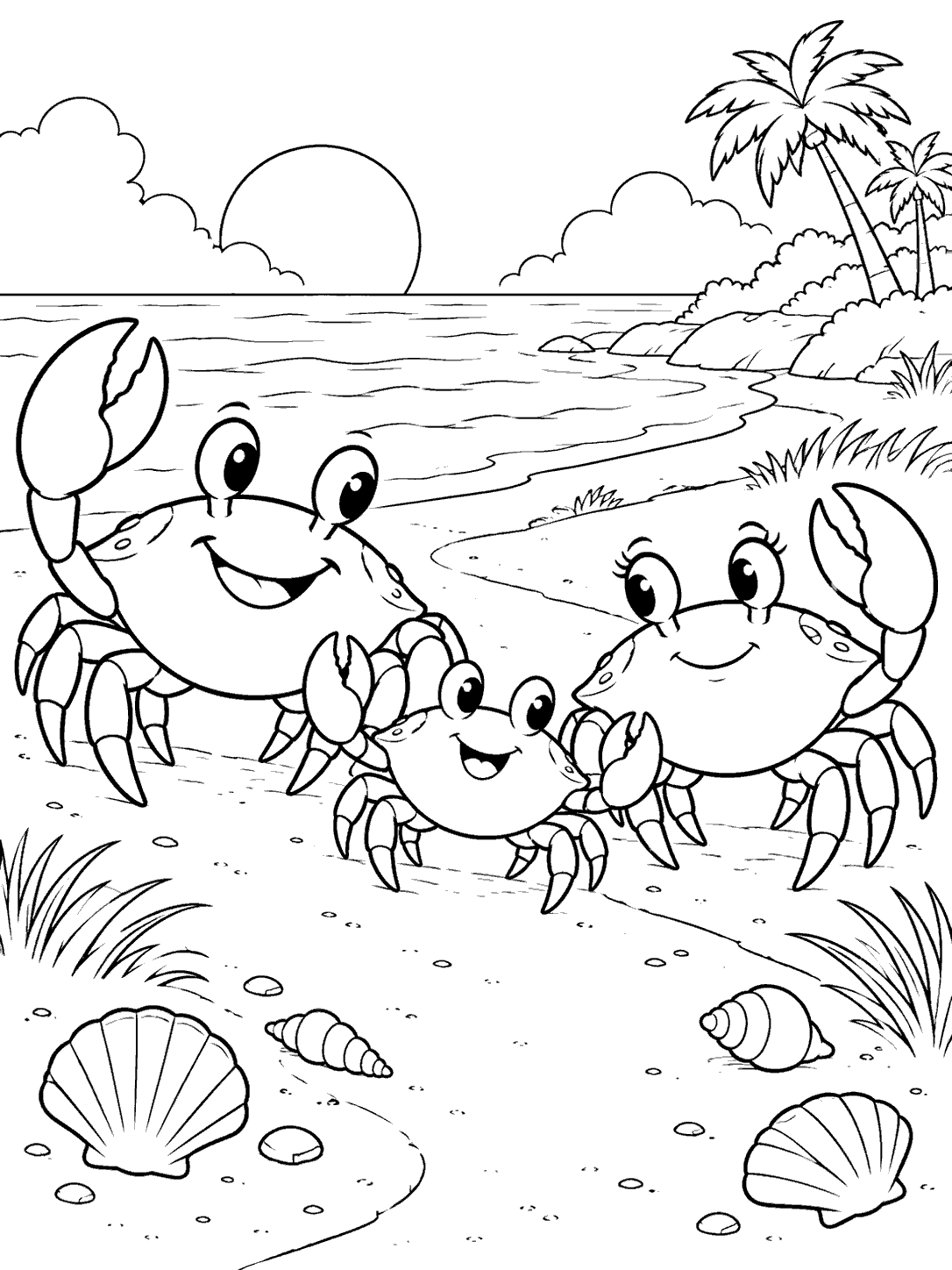 Two adult crabs and a smaller young crab walking along a sandy beach with shells, in a coloring page.