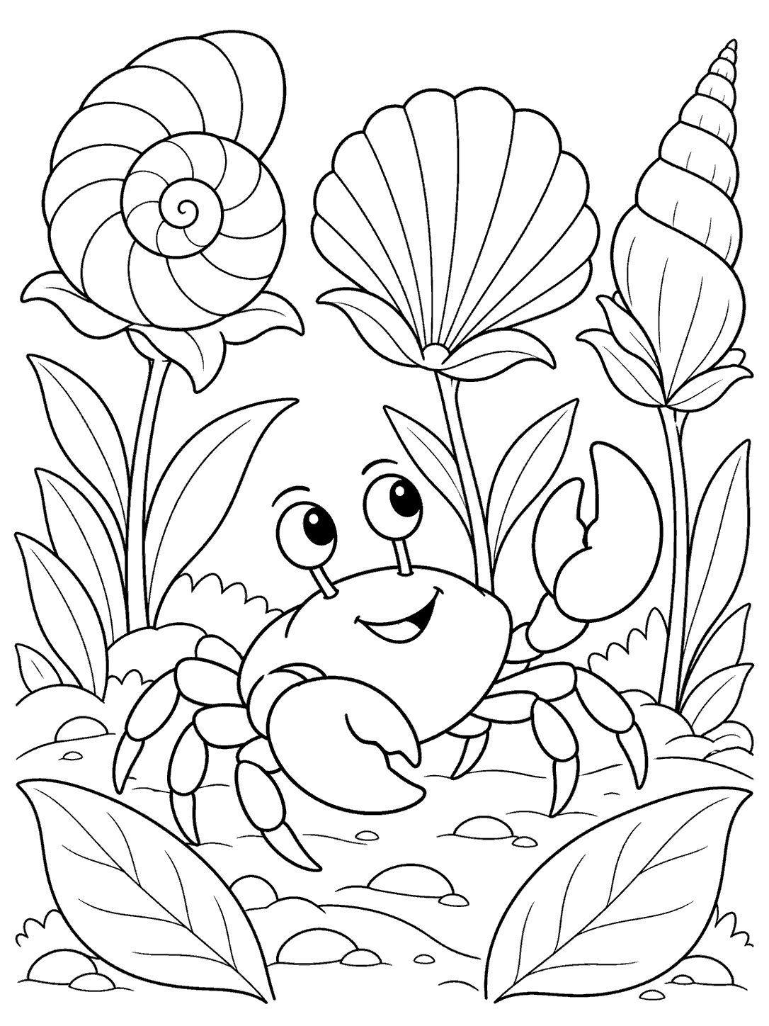 Smiling crab walking through a garden of oversized spiral, scallop, and cone shells coloring page