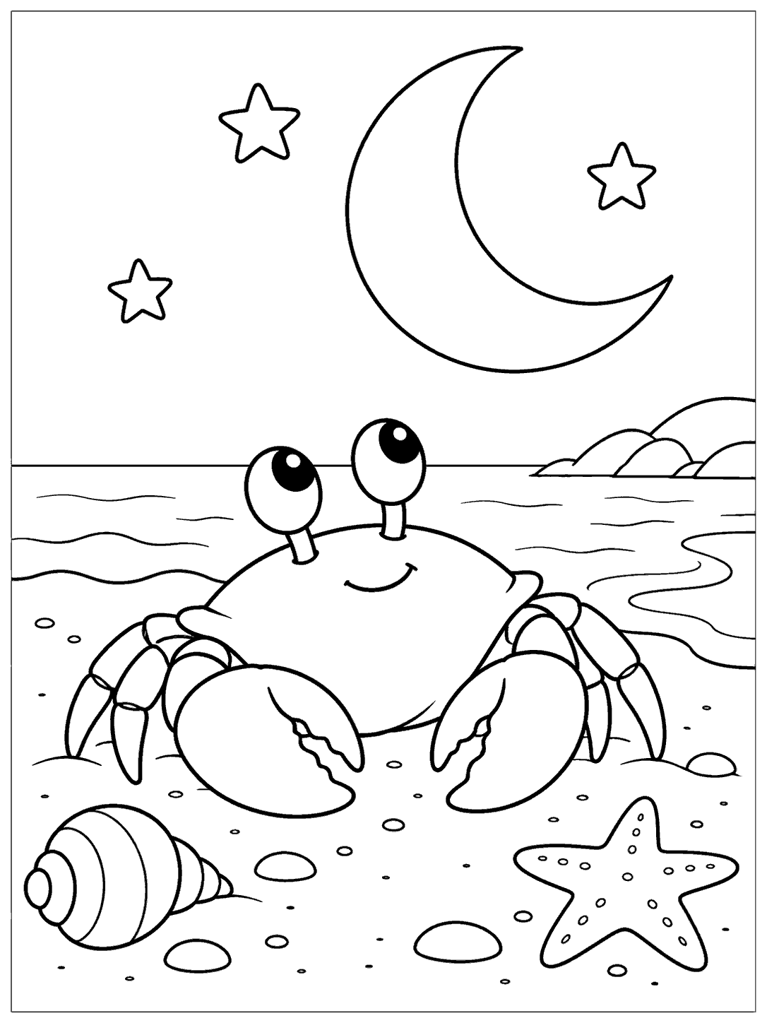 Sleepy crab beneath a crescent moon coloring page