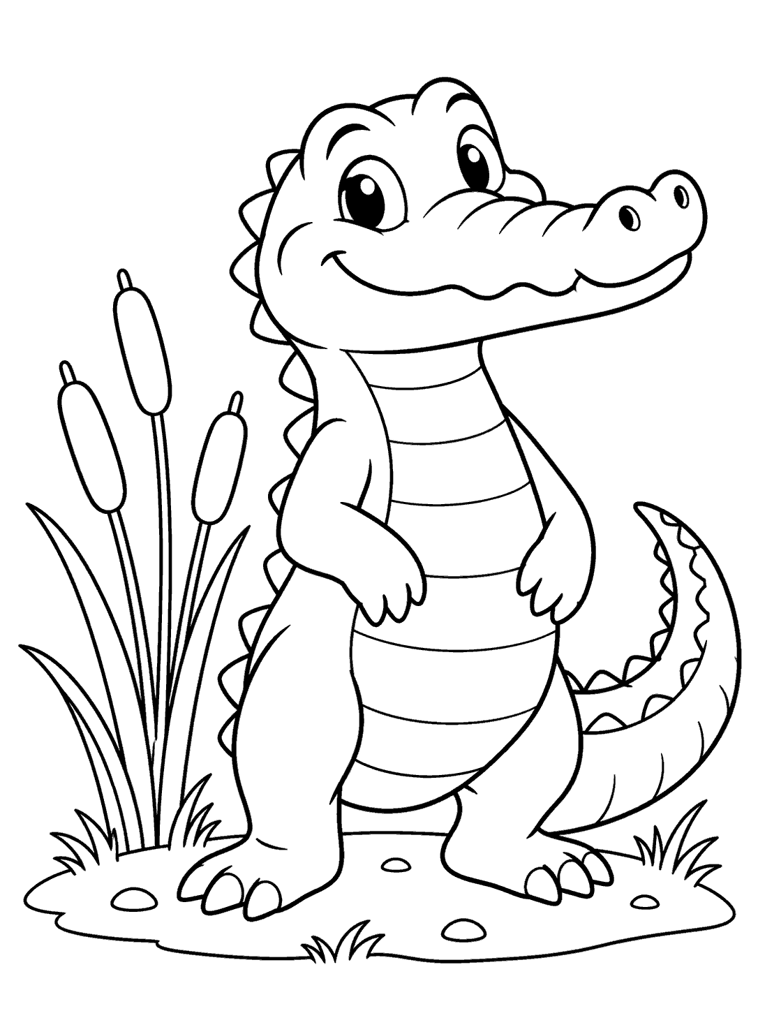 Black-outline coloring page of a smiling young crocodile standing upright with a curved tail beside three reeds.
