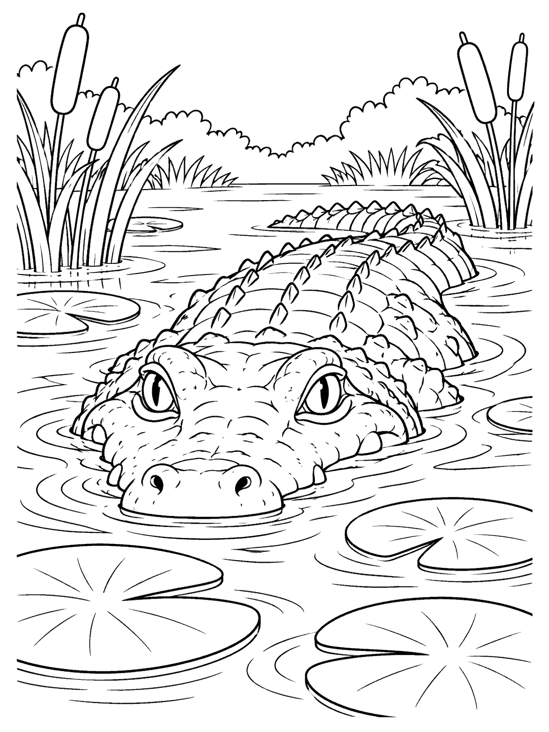 Black-outline coloring page of a crocodile floating in a swamp, surrounded by cattails, lily pads, and water ripples.