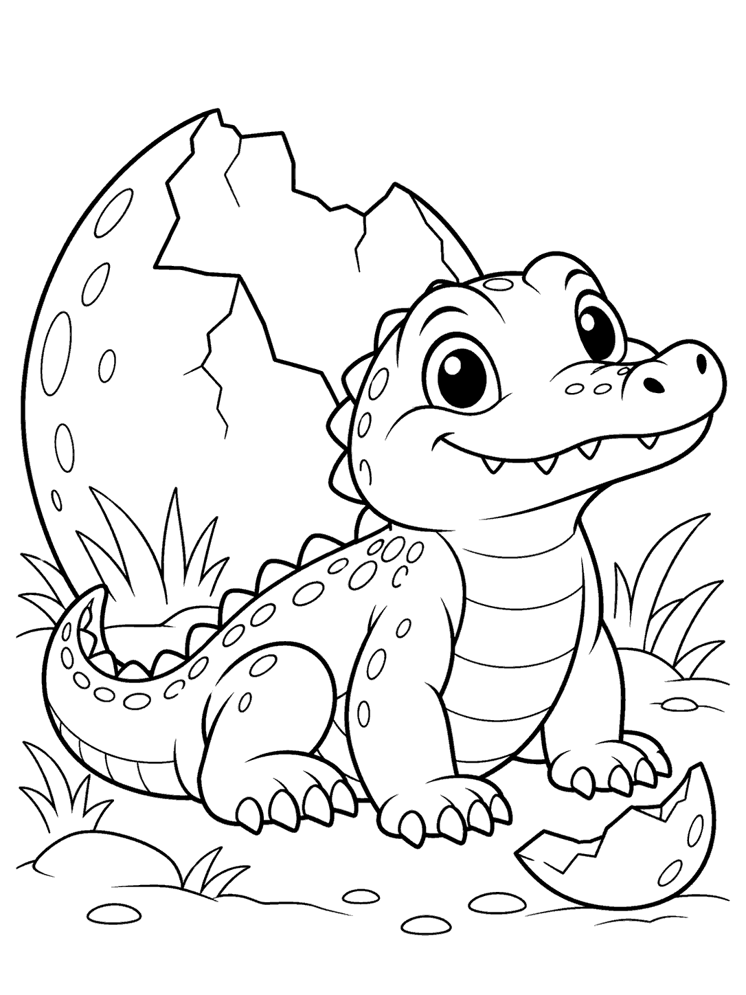 Smiling baby crocodile sitting among grass beside a large cracked eggshell, with a small shell piece near its feet.