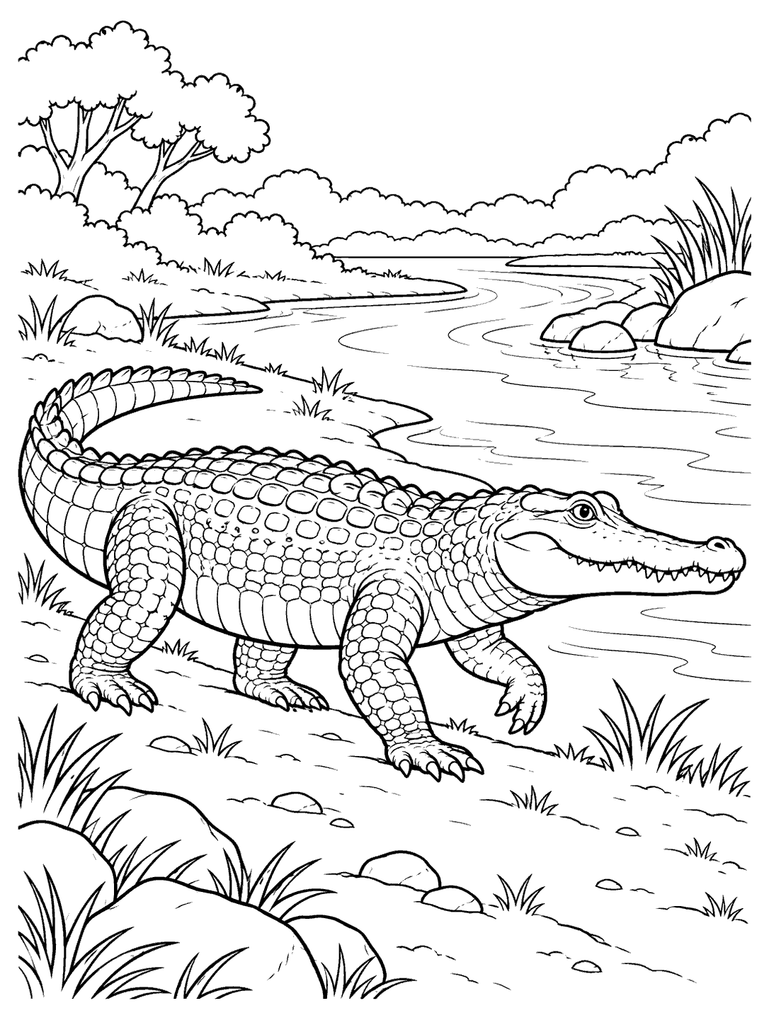 Black and white line art of a crocodile walking beside a winding river, with stones, grass, and trees in the background.