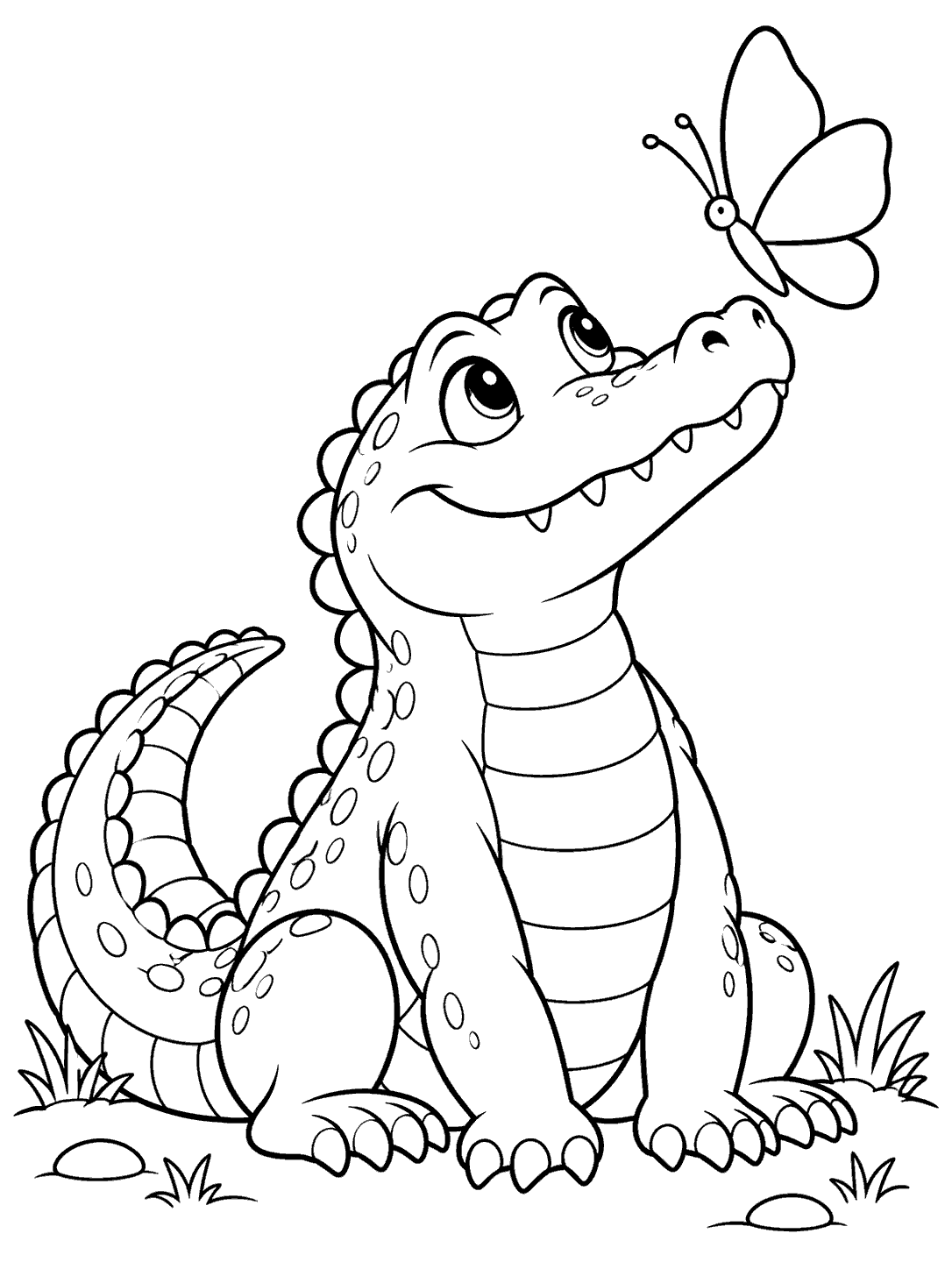 A smiling seated crocodile with rounded back scales looks up at a broad-winged butterfly; grass and small stones sit along the ground line.