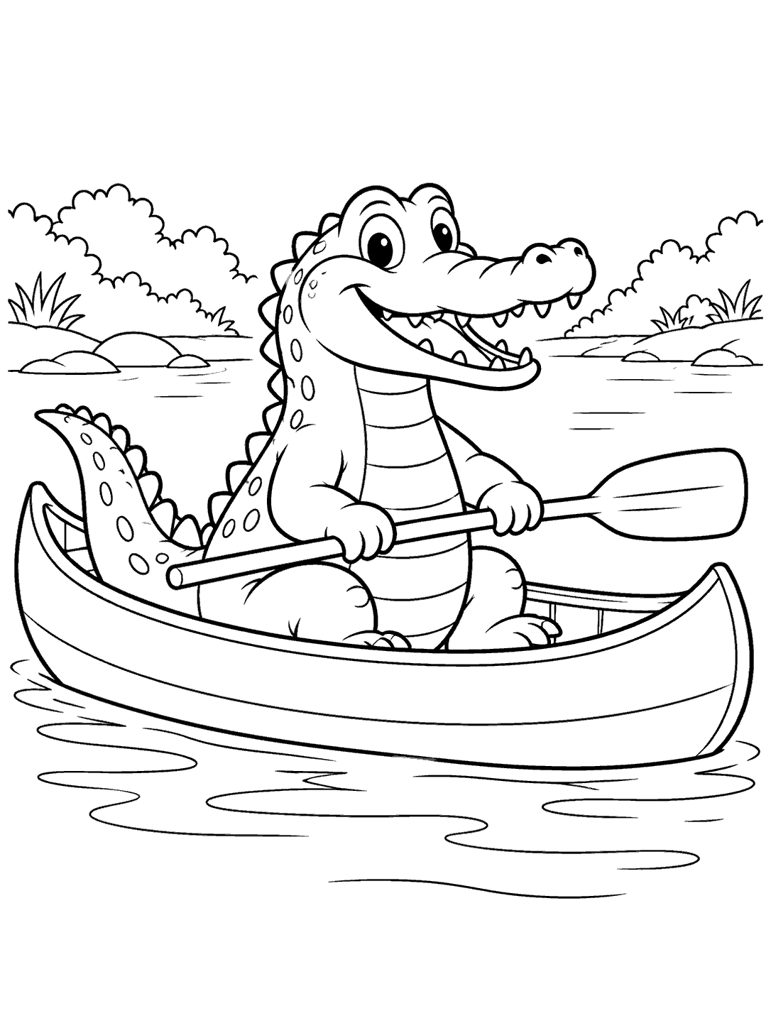 Smiling crocodile holding a paddle while sitting in a canoe on a calm river.