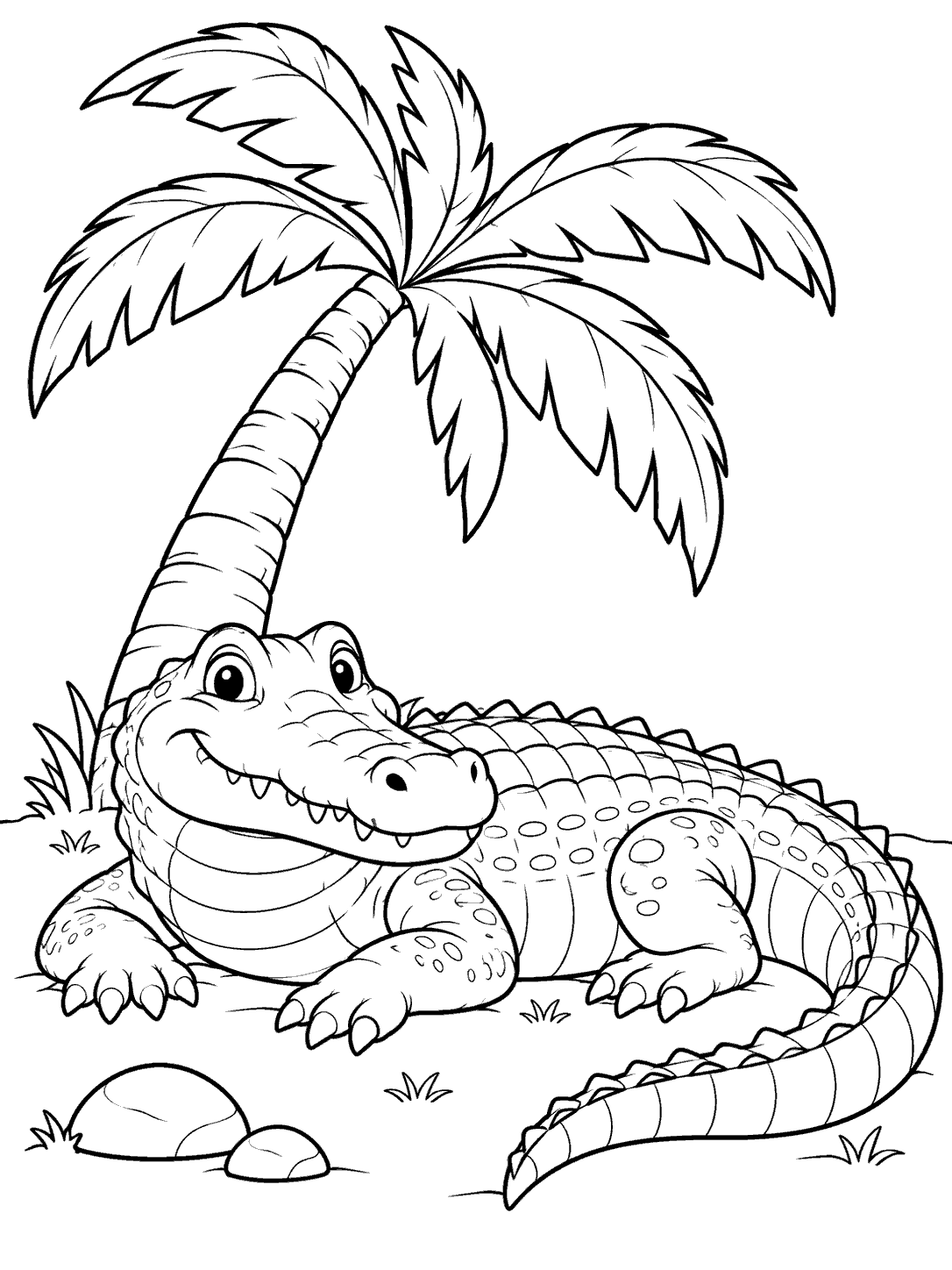A smiling crocodile rests beneath a palm tree, its tail curled along the ground beside two stones.
