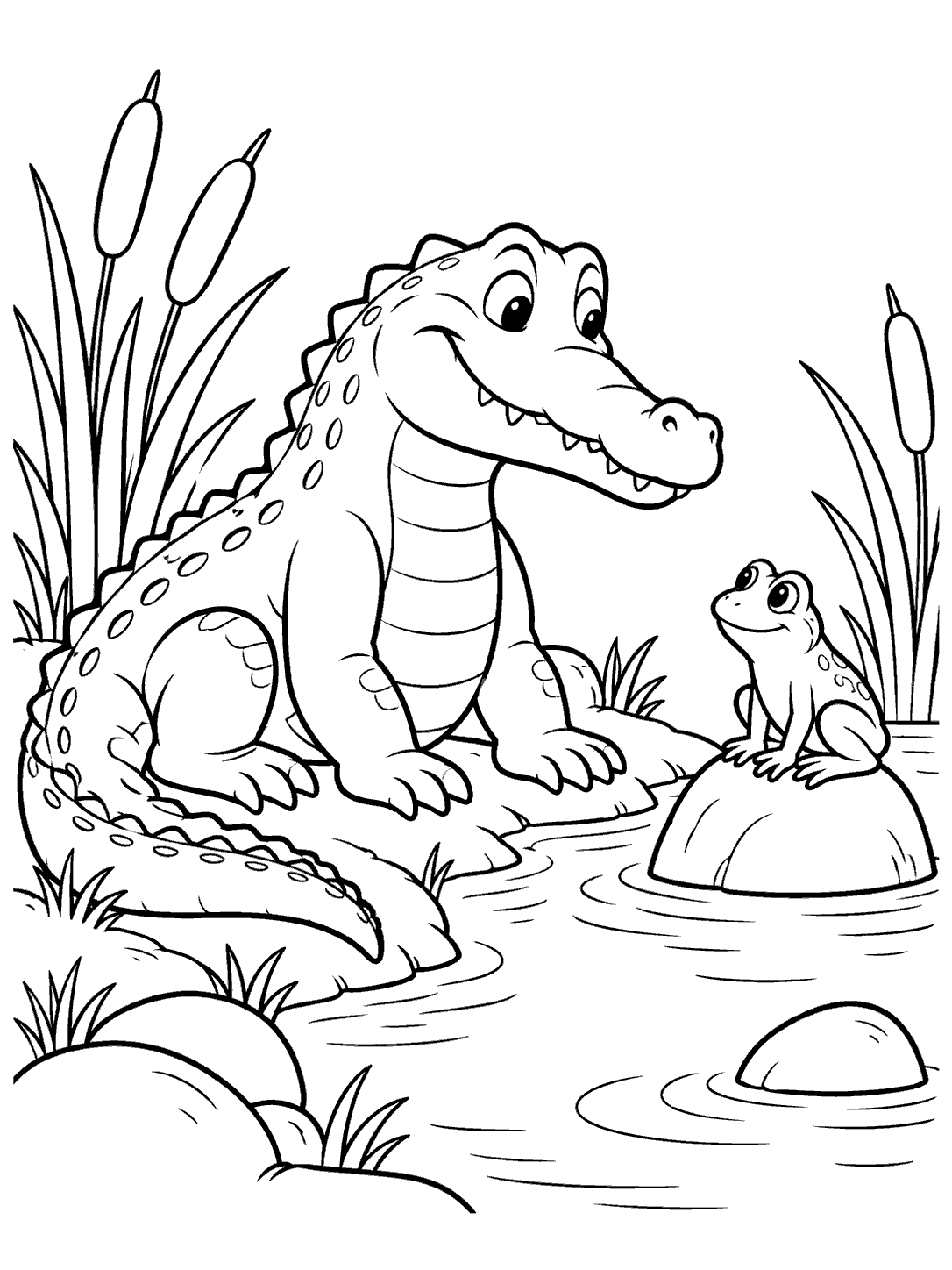A smiling crocodile sits at the pond’s edge, facing a small frog on a rock, amid reeds and water ripples.