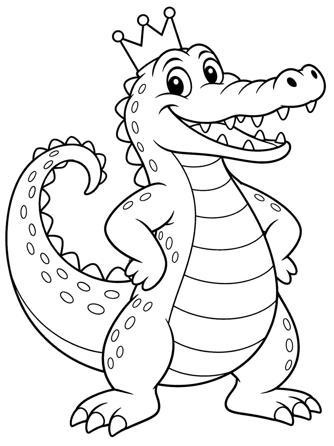 Playful standing crocodile with a tilted crown and curled tail