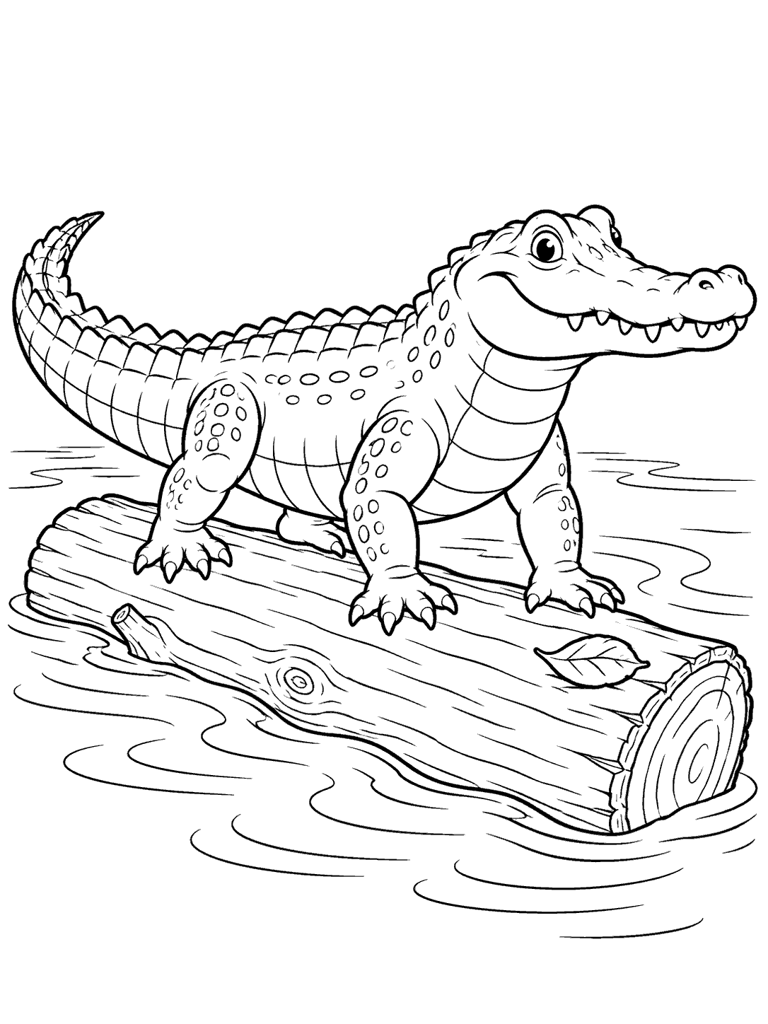 Black outline coloring page of a crocodile standing on a floating log with water ripples and a leaf.