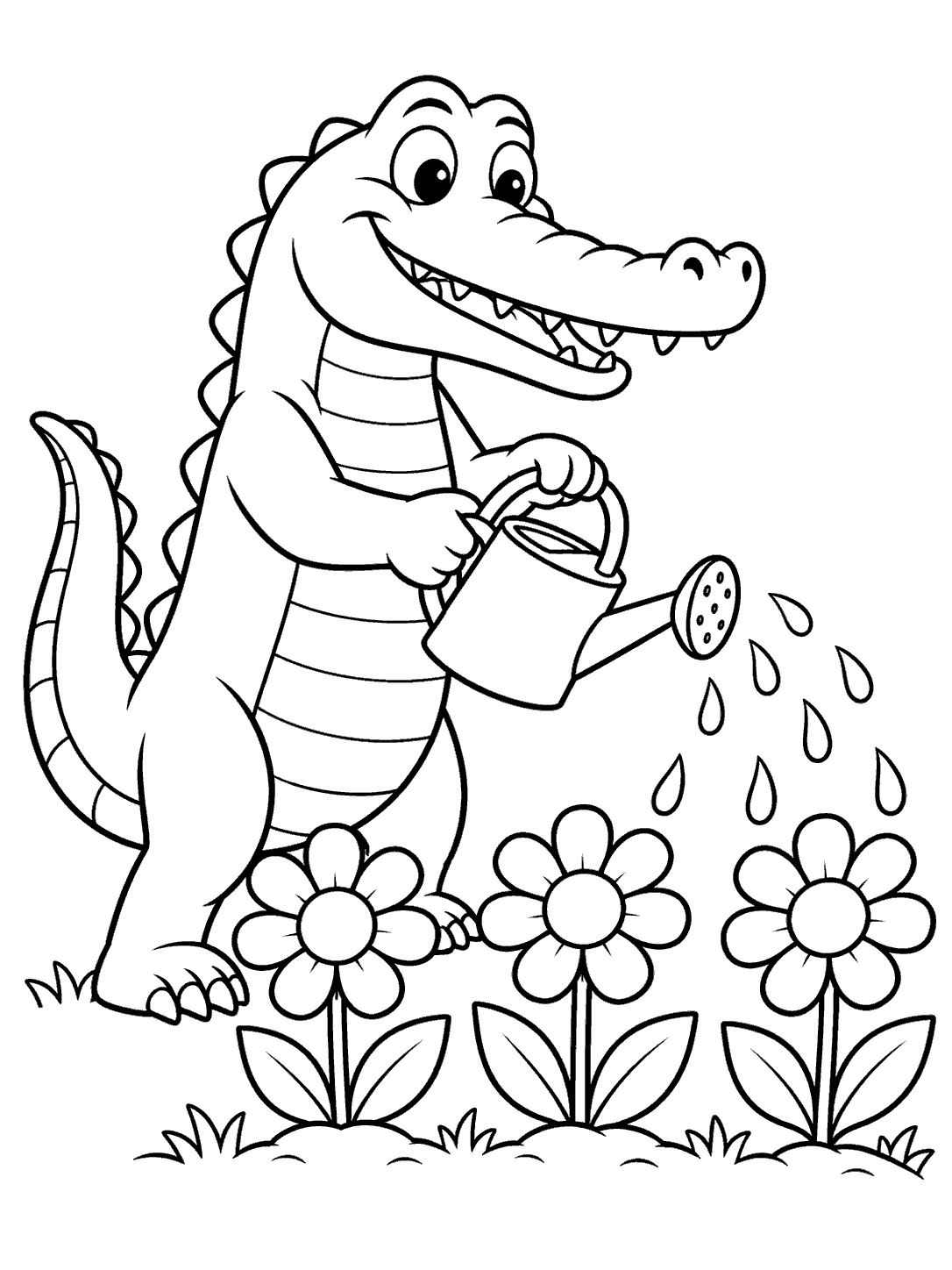 A smiling standing crocodile waters three large flowers with a watering can.