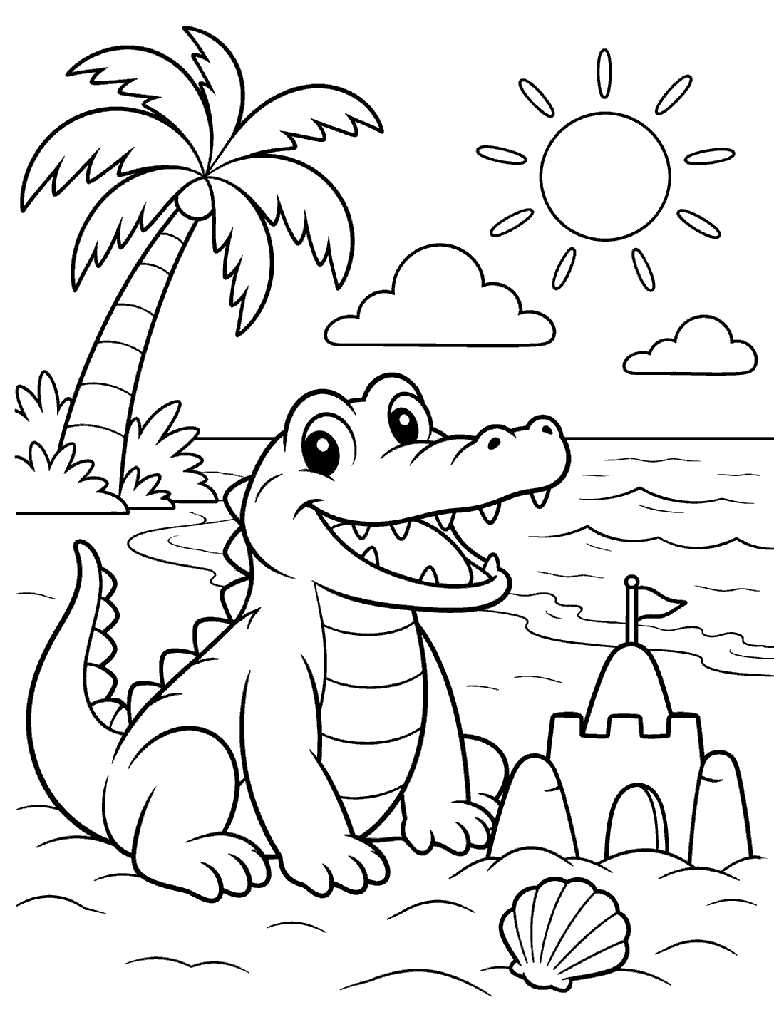 Smiling crocodile beside a small sandcastle and seashell on a beach, with waves, palm tree, clouds, and sun.